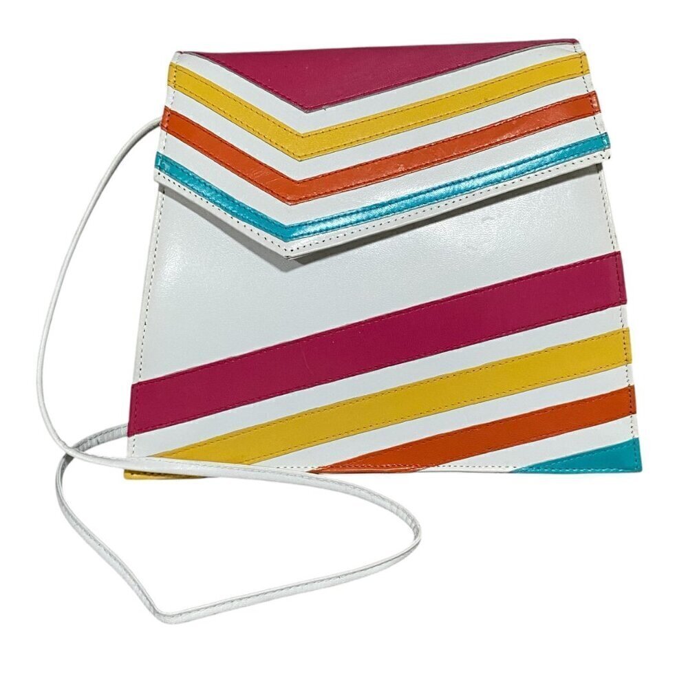 Vintage Jasmin white leather and Colorful Stripe Shoulder Crossbody Bag